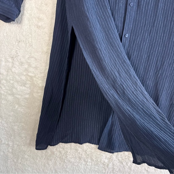 Eileen Fisher Accordion Silk Jacquard Mandarin Collar Long Shirt Medium Blue - Picture 5 of 10